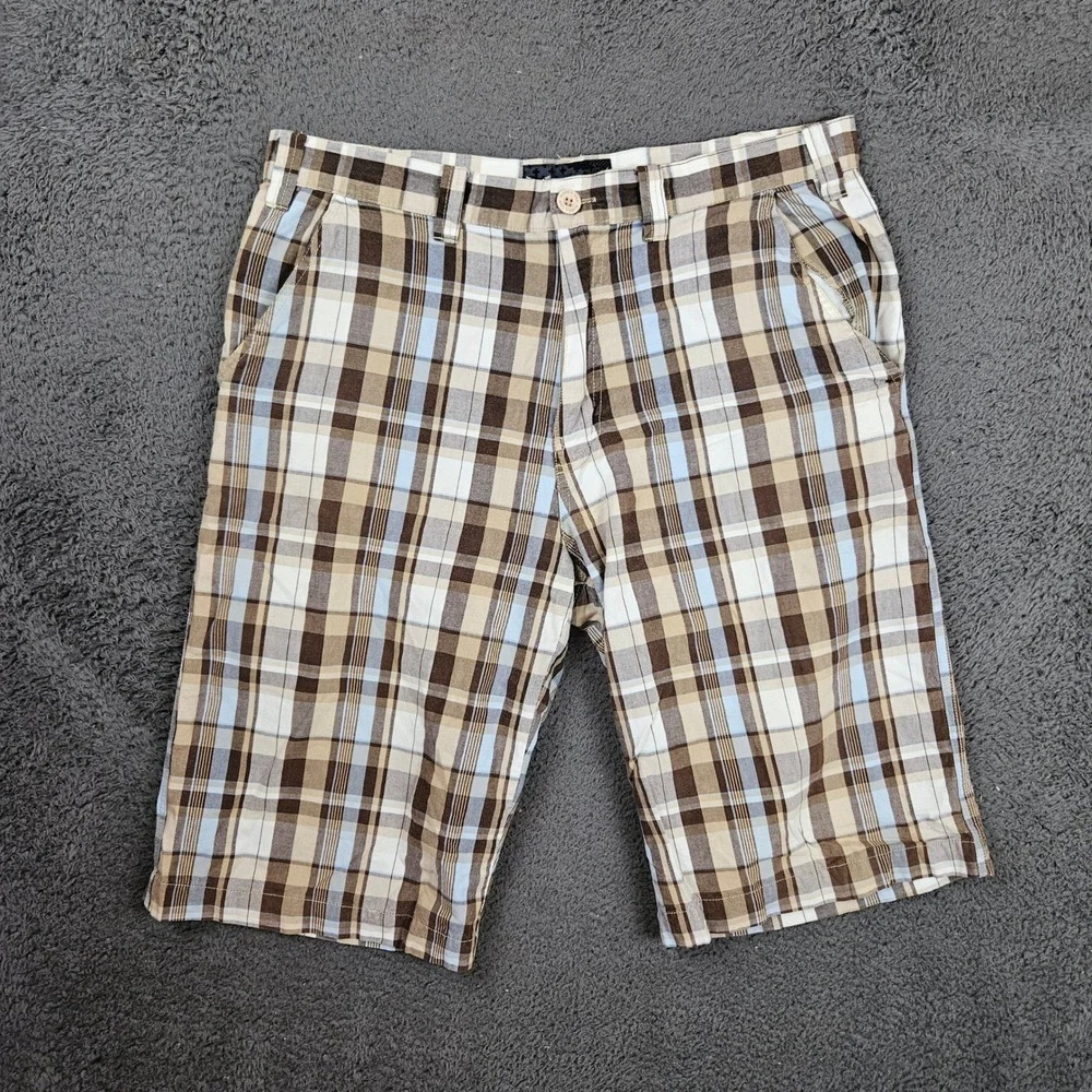Avirex Mens 34 Plaid Shorts Brown Blue Tan Cotton Y2K Streetwear